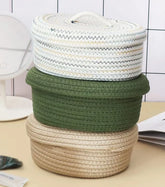 Stacked woven rope storage baskets with lids, ideal for kitchen or vanity organization in Dubai homes
