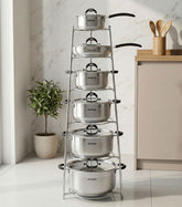 Kitchen cookware organizer stand for efficient storage of pots, pans, and lids in limited space