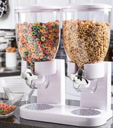 Dual cereal dispenser with colorful and plain cereals, kitchen organizer for breakfast storage