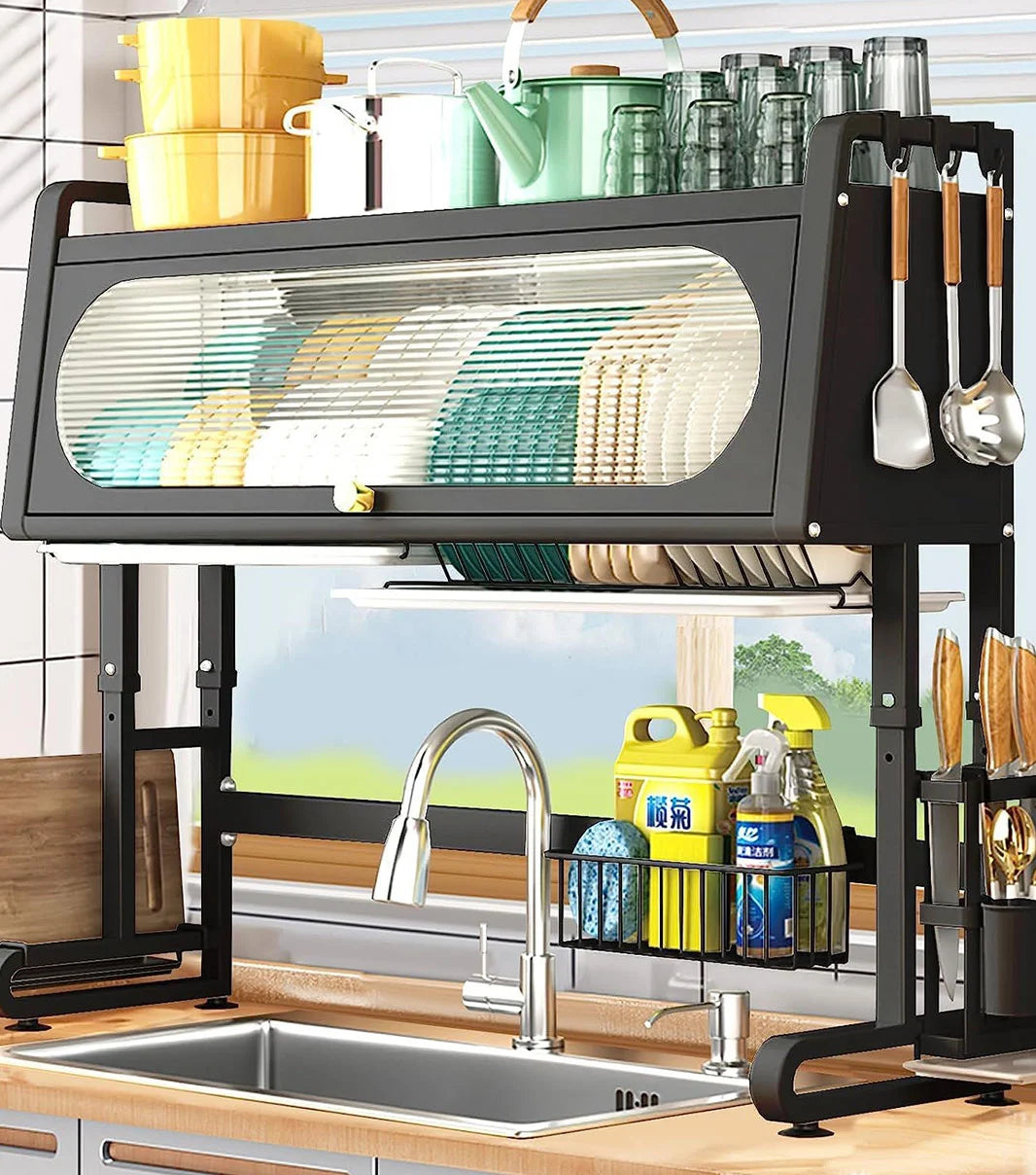 2 tier over the sink dish drying rack for space saving kitchen dish and utensil organization