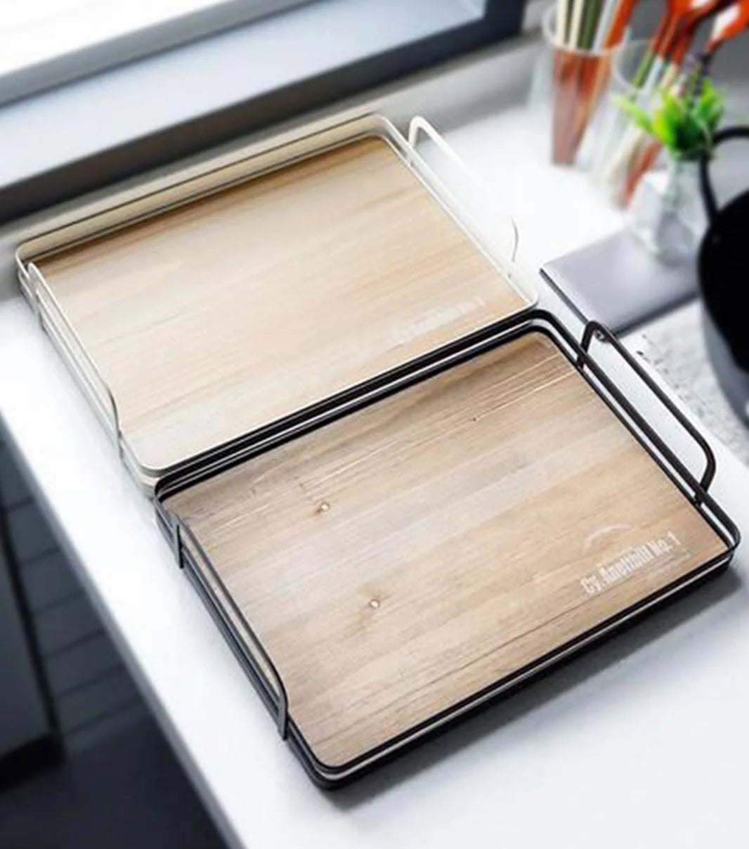 Bamboo serving tray with handle for easy carrying and serving of food, tea, and snacks