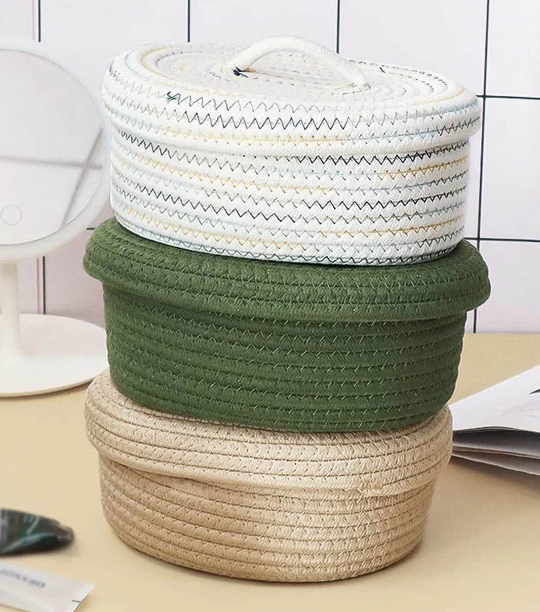 Braided woven storage basket with lid for organizing household items, clothes, and accessories neatly