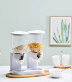 Dual chamber white cereal dispenser for storing and dispensing dry food like cereals and snacks neatly