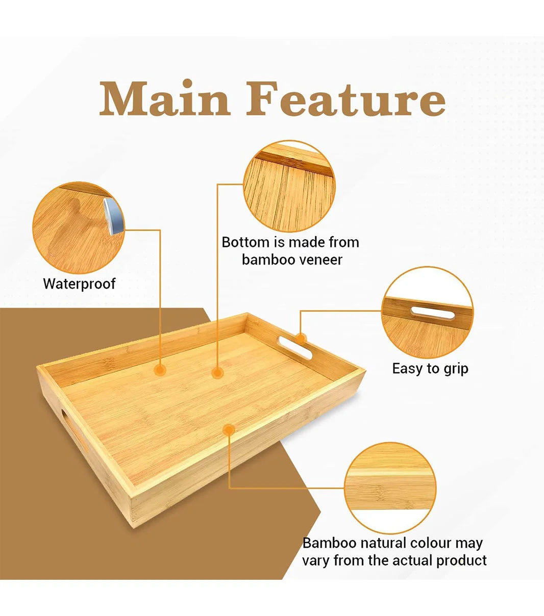 Eco friendly bamboo serving tray set of 3 with grip handles for easy carrying of meals and beverages