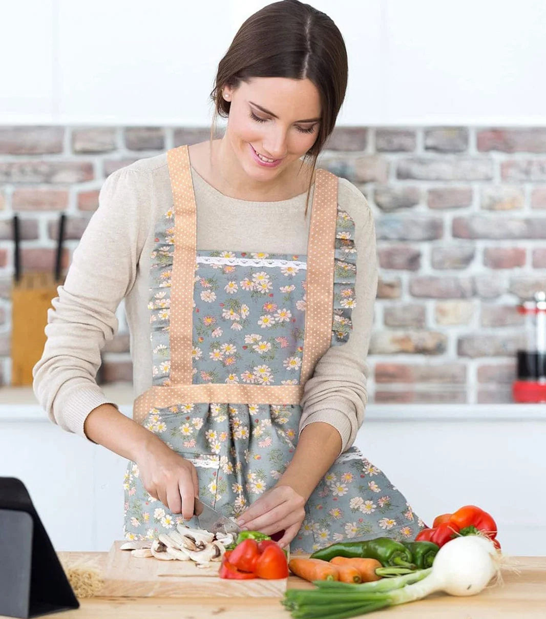 Floral kitchen apron for cooking and baking with stylish flower pattern and protective design