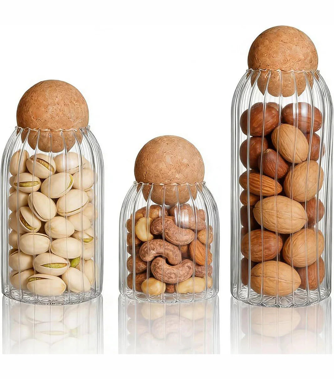 Glass storage jar with cork ball lid for airtight kitchen storage of spices, grains, and dry foods