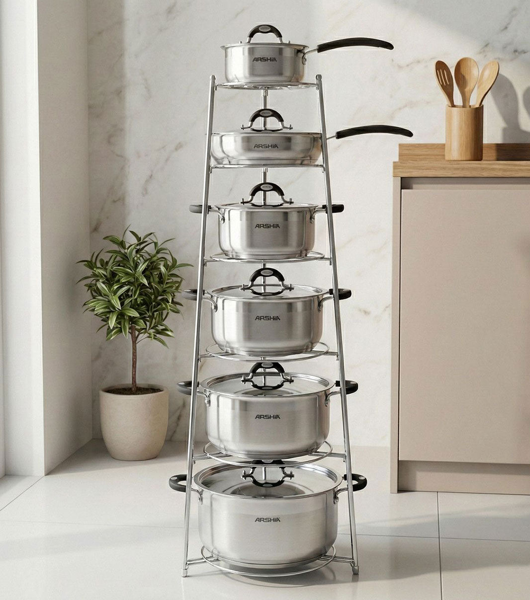 Kitchen cookware organizer stand for efficient storage of pots, pans, and lids in limited space