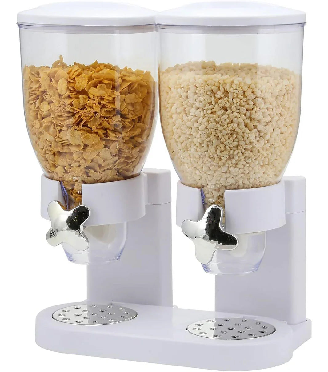 Kitchen double dry food dispenser in white for organized and hygienic cereal and grain storage