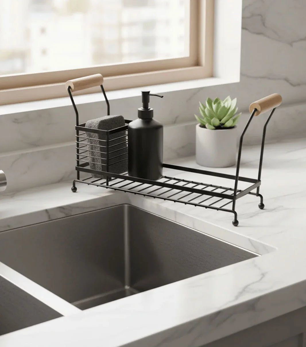 Kitchen soap and sponge organizer for sink with compact storage and drainage design