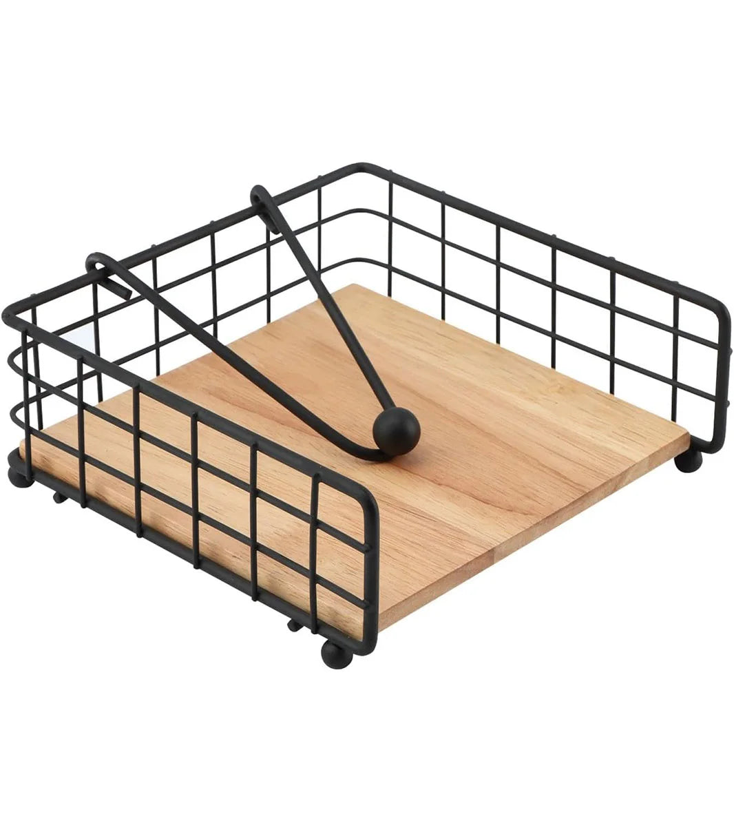 Modern metal napkin holder with arm for stylish table organization and easy napkin access