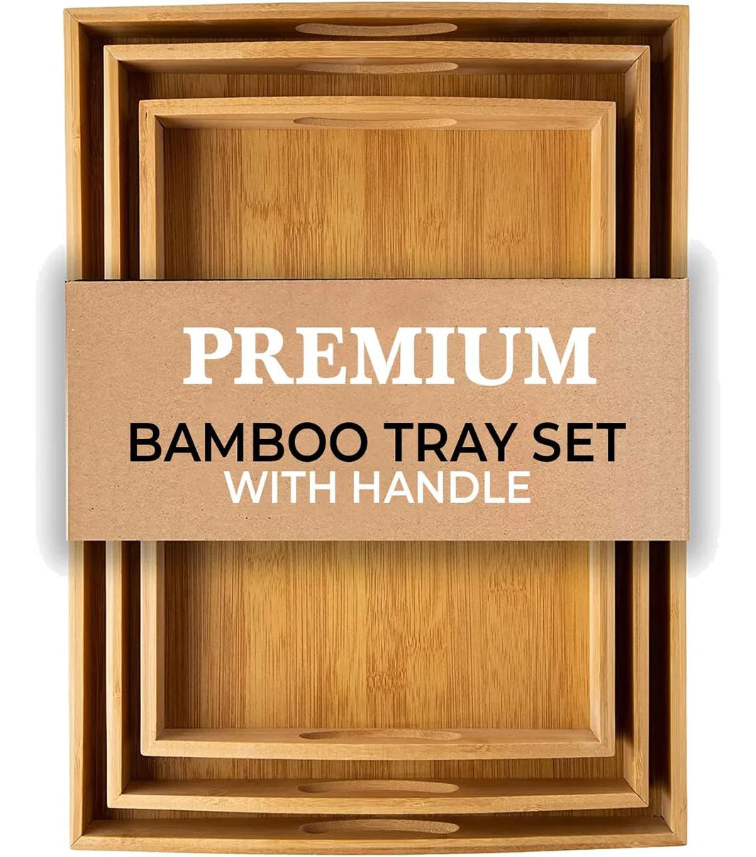 Multi purpose bamboo serving tray set of 3 with handles for serving tea, coffee, and snacks