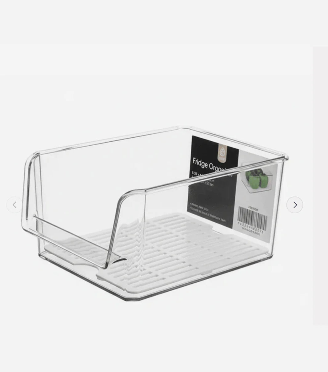 Clear plastic refrigerator organizer bins for storing fruits, vegetables, drinks, and kitchen items neatly