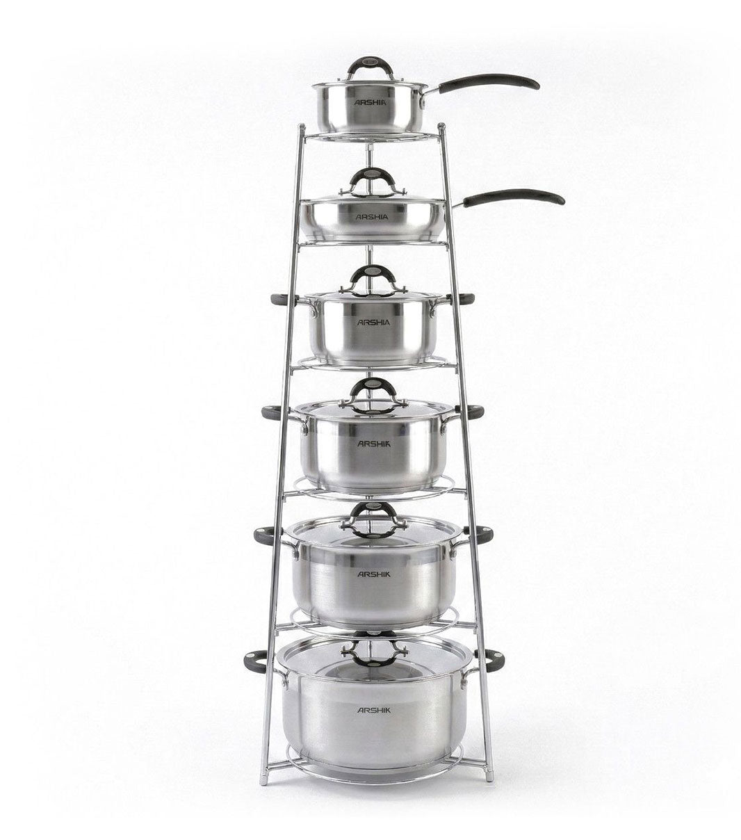 Pots and pans storage rack stand for neatly organizing cookware in kitchen cabinets or countertops