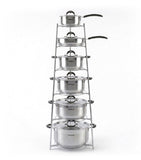 Pots and pans storage rack stand for neatly organizing cookware in kitchen cabinets or countertops