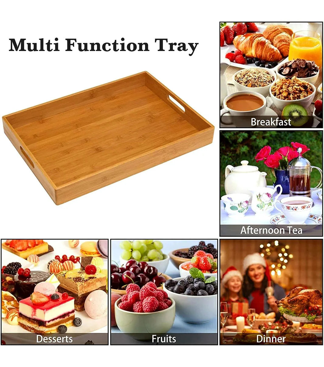 Stackable bamboo serving tray set with handles 3 piece design for organized and elegant serving use