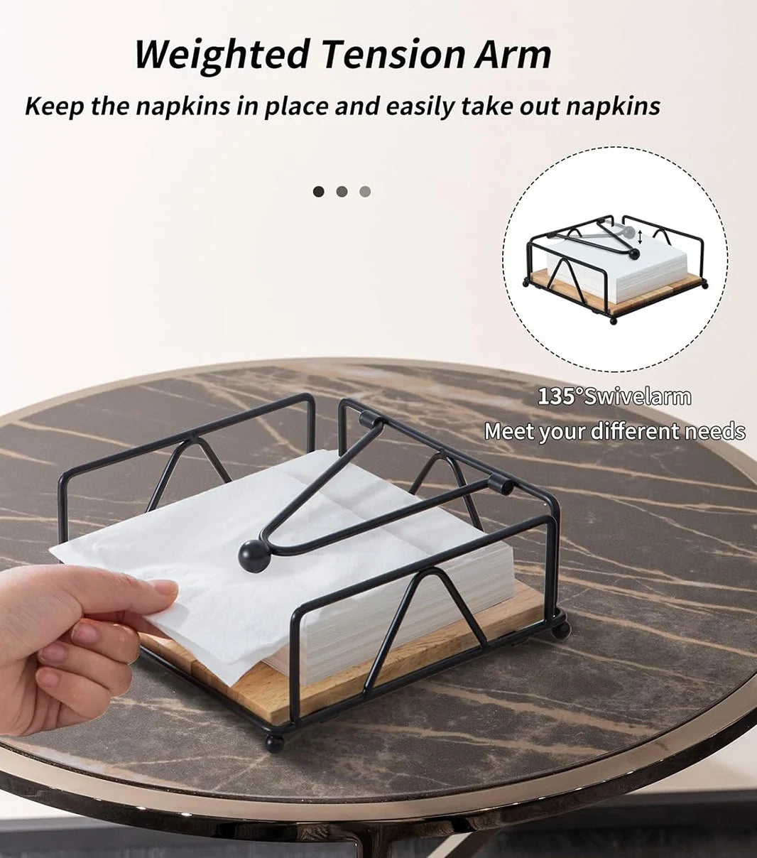 Weighted arm napkin dispenser for easy one-at-a-time napkin dispensing and organized table use