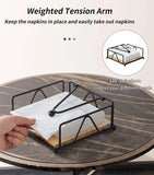 Weighted arm napkin dispenser for easy one-at-a-time napkin dispensing and organized table use