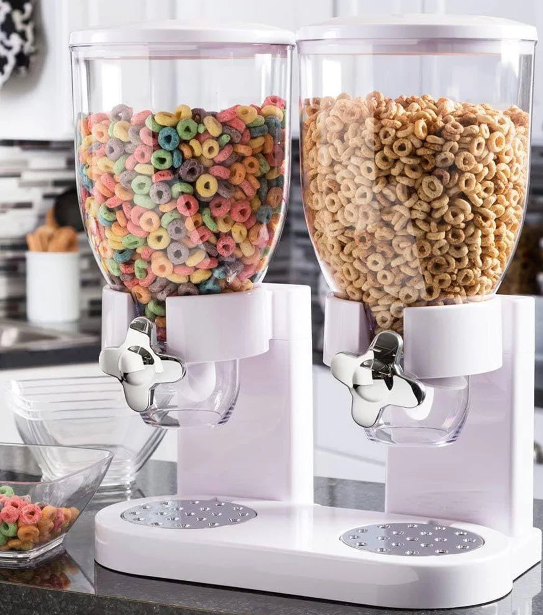 White double cereal dispenser for dry food with dual containers for easy portion control and storage