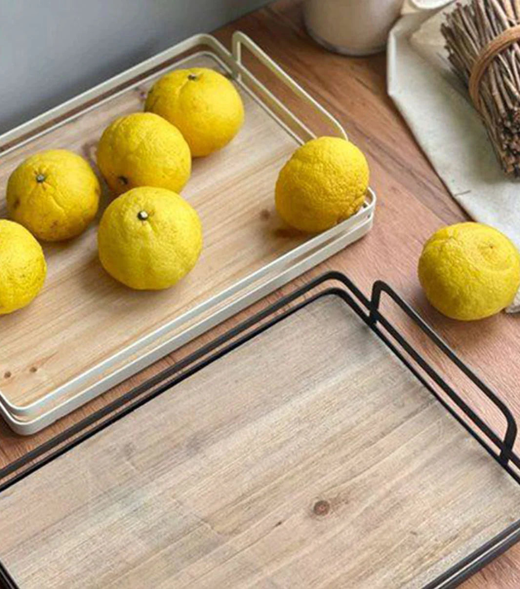 Wooden bamboo serving tray with grip handles for convenient serving and stylish kitchen use