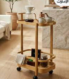 Wooden bamboo trolley cart on wheels for serving tea, coffee, and snacks with modern storage design
