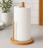 Wooden kitchen tissue roll holder with durable stand for countertop paper towel organization